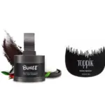 Polvo capilar oscuro Bunee en envase cilíndrico gris con esponja, manchón de polvo y optimizador de línea Toppik negro con dientes.