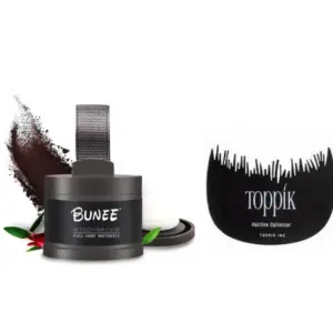 Polvo capilar oscuro Bunee en envase cilíndrico gris con esponja, manchón de polvo y optimizador de línea Toppik negro con dientes.