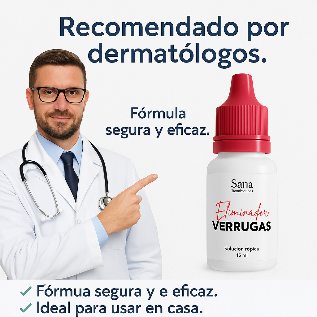 Médico con bata señala frasco blanco de 15 ml de Sana Eliminador de Verrugas, solución tópica con gotero rojo, recomendada por dermatólogos.