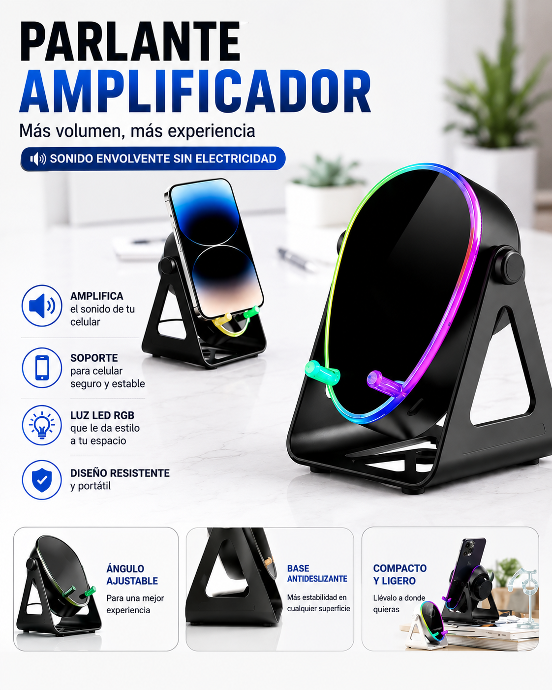 Parlante amplificador pasivo negro con soporte para celular, luz LED RGB circular, ángulo ajustable, base antideslizante y diseño compacto y portátil.