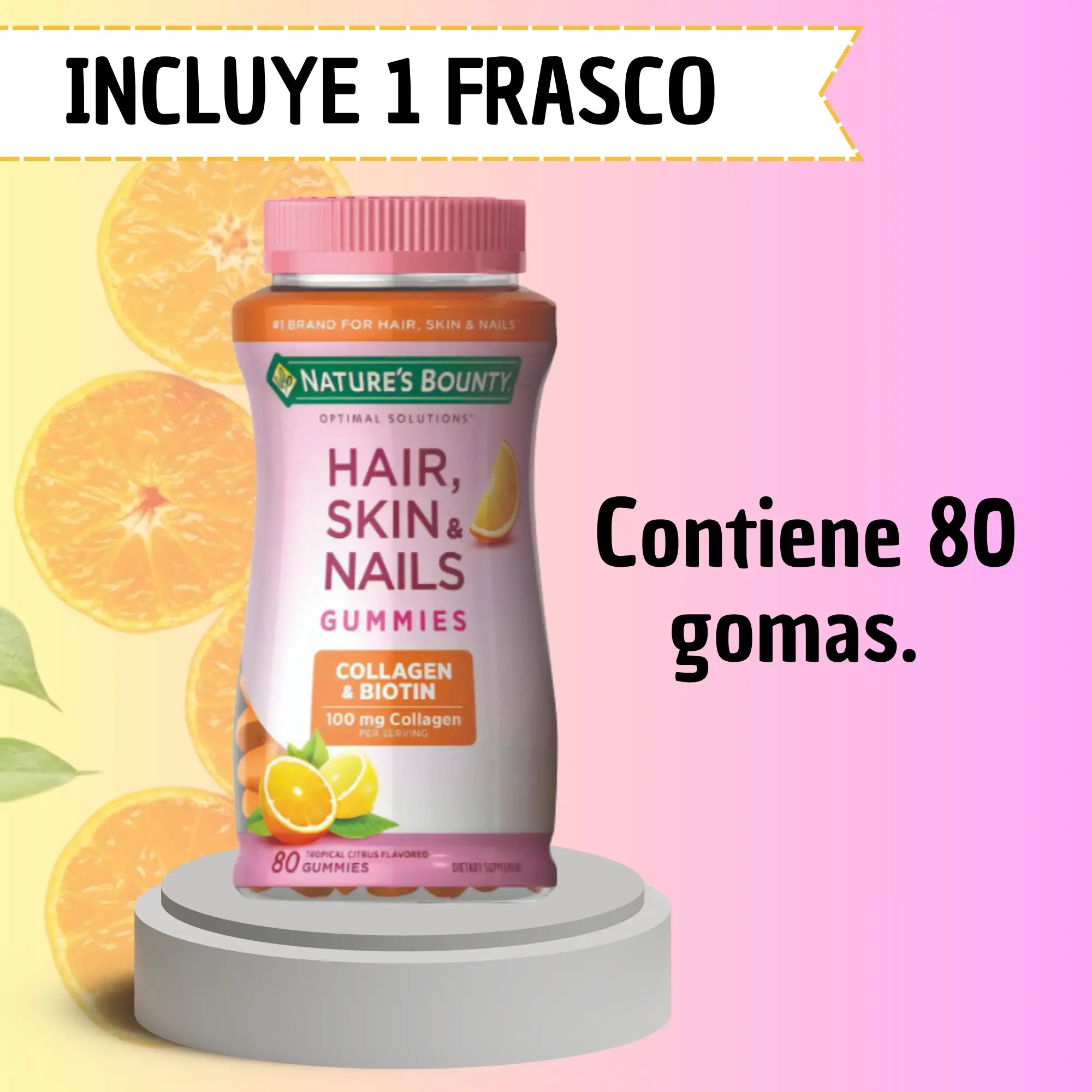 Frasco de gomitas Nature's Bounty Hair Skin Nails con colágeno y biotina, sabor cítrico tropical, 80 unidades, sobre un podio gris.