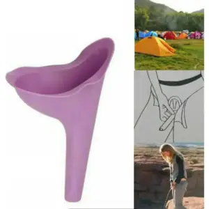 Orinal portátil de silicona morado para mujer. Incluye el producto, diagrama de uso y ejemplos de uso en campamentos y exteriores.