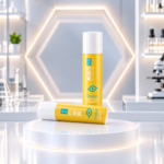 Dos frascos de óleo coreano para contorno de ojos en envase amarillo con tapa blanca, uno vertical y otro acostado sobre una base blanca circular en un laboratorio iluminado.