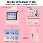 Cámara infantil rosa con diseño de unicornio, pantalla de 2.4 pulgadas, impresión instantánea, ranura SD y controles para fotos, videos y juegos