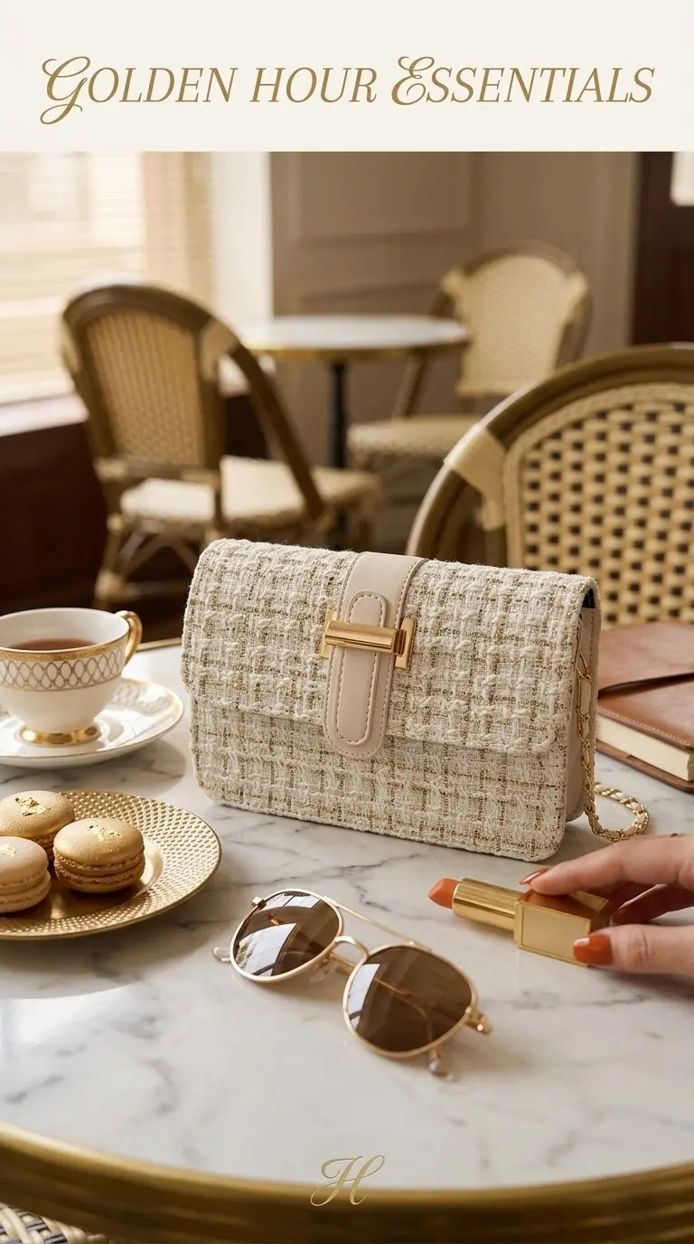 Bolso de mano en tweed beige con detalles metálicos dorados y cierre frontal, sobre mesa de mármol con accesorios.