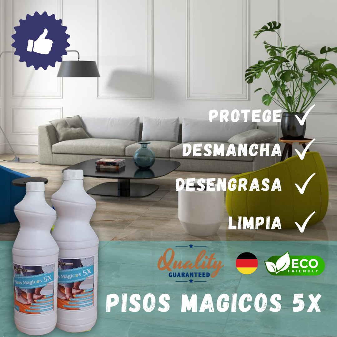 Dos botellas blancas de limpiador multiusos para pisos sobre fondo turquesa, en sala moderna con sofá gris y planta.