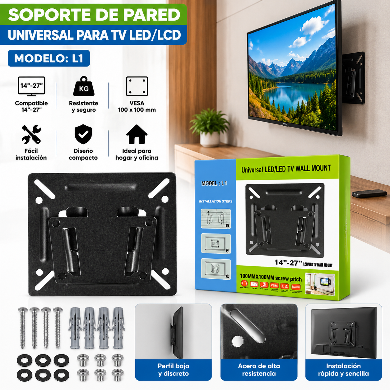 Soporte de pared negro para TV de 14 a 27 pulgadas con tornillos, chazos y manual, incluye caja y televisor instalado.