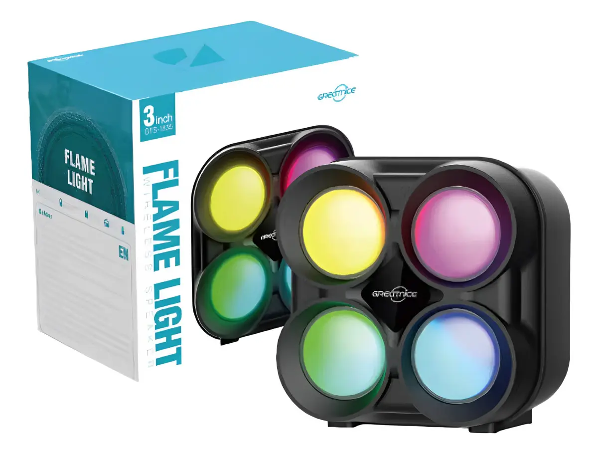 Set x2 parlantes Bluetooth portátiles negros GTS-1835 con diseño cuadrado de 3 pulgadas y luces LED en cuatro colores vivos por unidad.