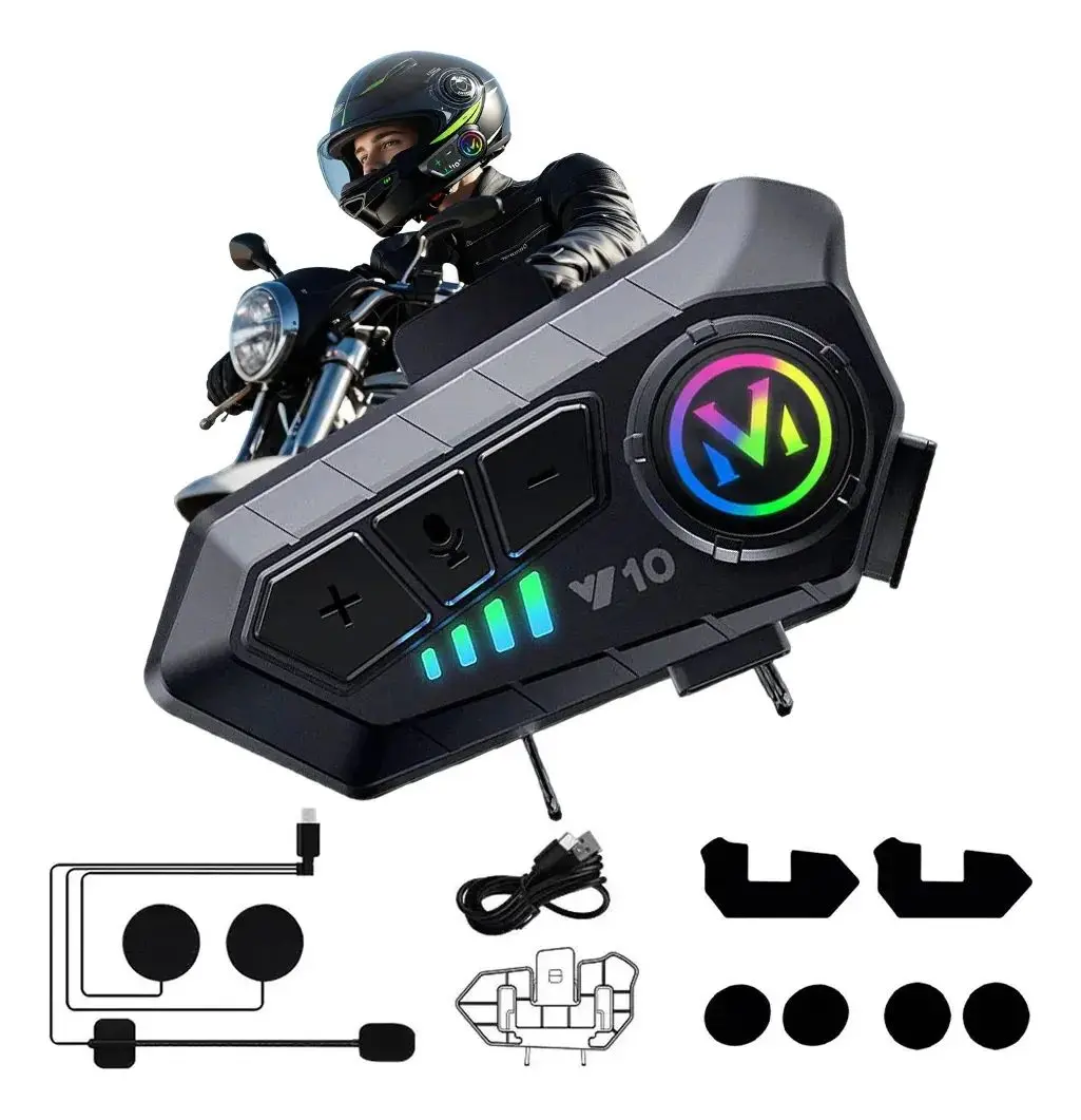 Intercomunicador Bluetooth negro para casco de moto con botones de control, luz LED circular y kit completo de accesorios y cableado.