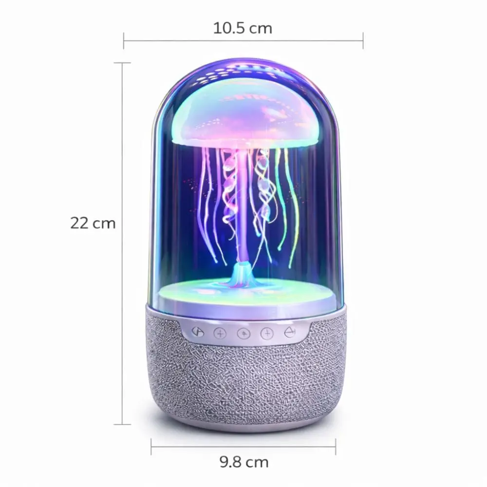 Lámpara LED con altavoz Bluetooth, efecto medusa y base de tela gris, 22 cm de alto por 10.5 cm de ancho en la parte superior.