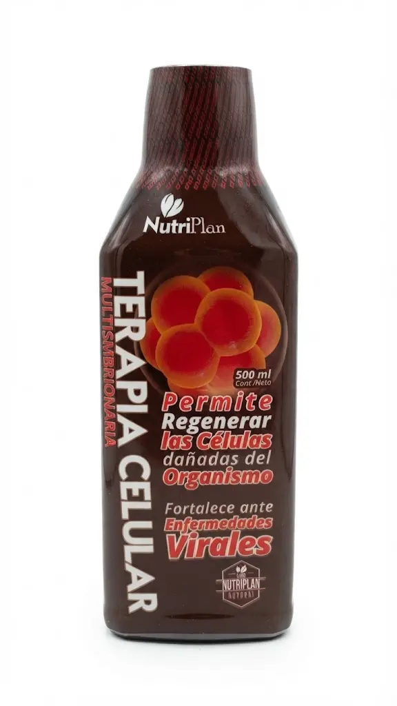 Suplemento líquido Nutriplan Terapia Celular en botella marrón de 500 ml con etiqueta de células rojas y texto descriptivo.