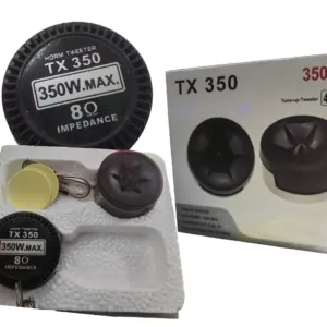 Par de tweeters para carro TX 350 de 350W y 8 Ohm, incluye dos unidades, adhesivos de montaje y caja con especificaciones de 40mm y crossover integrado.