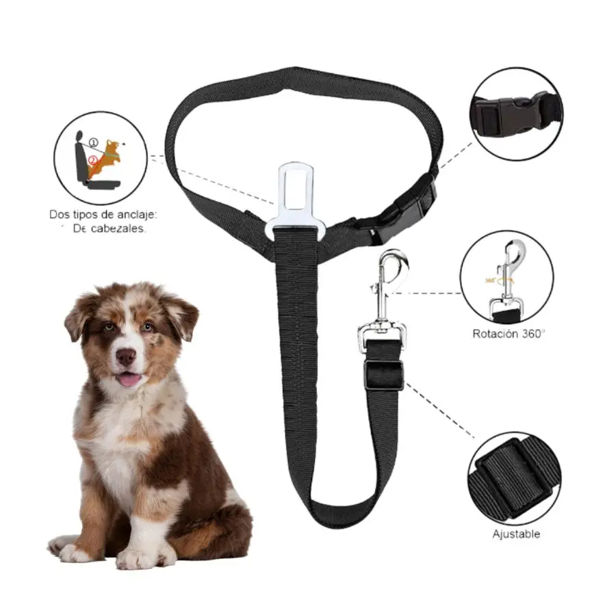 Correa de seguridad negra para perro en carro con arnés ajustable, hebilla metálica para cinturón y gancho giratorio de 360 grados.