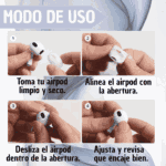 Instrucciones paso a paso para instalar fundas de silicona blanca en AirPods, mostrando el proceso de alineación, inserción y ajuste final del accesorio.