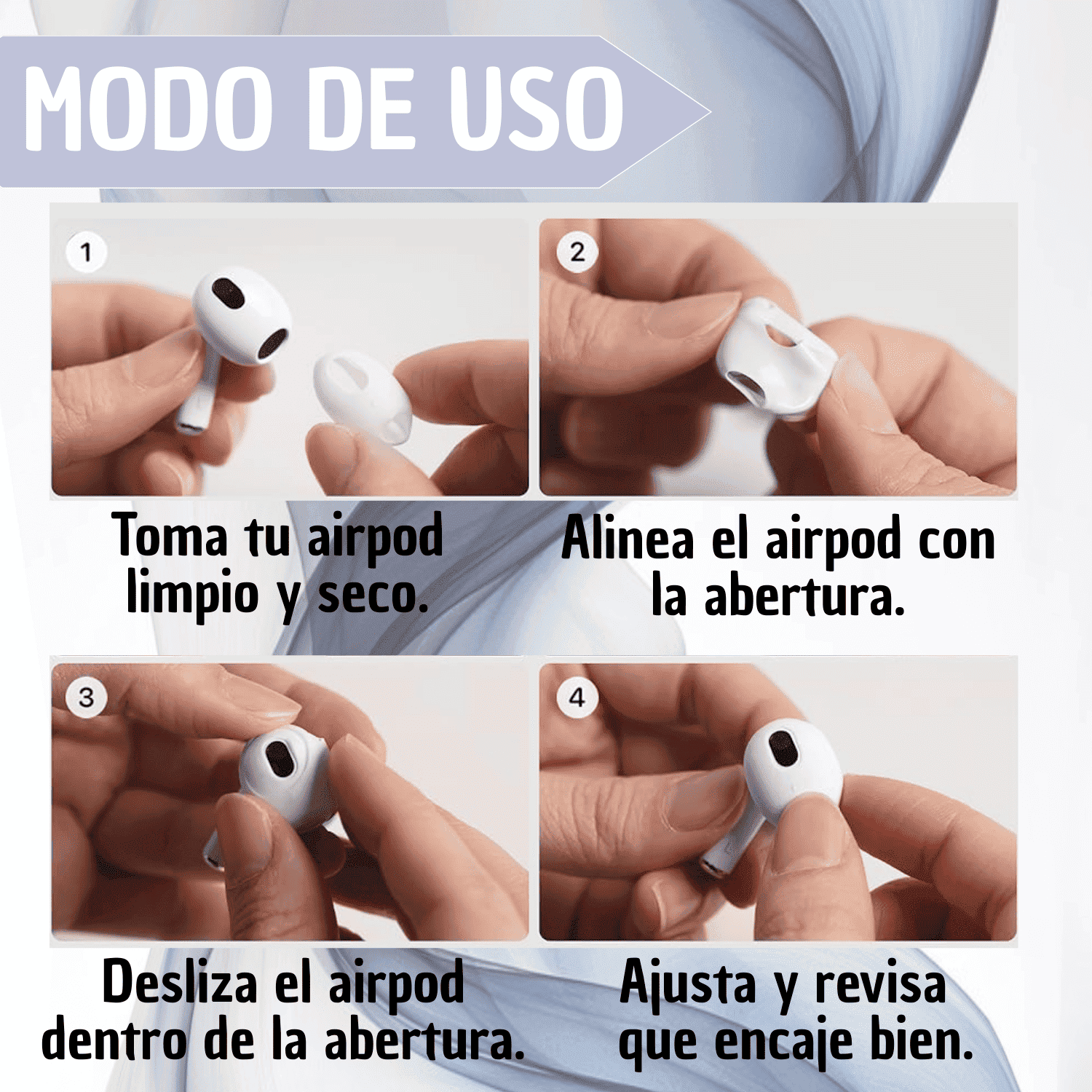 Instrucciones paso a paso para instalar fundas de silicona blanca en AirPods, mostrando el proceso de alineación, inserción y ajuste final del accesorio.
