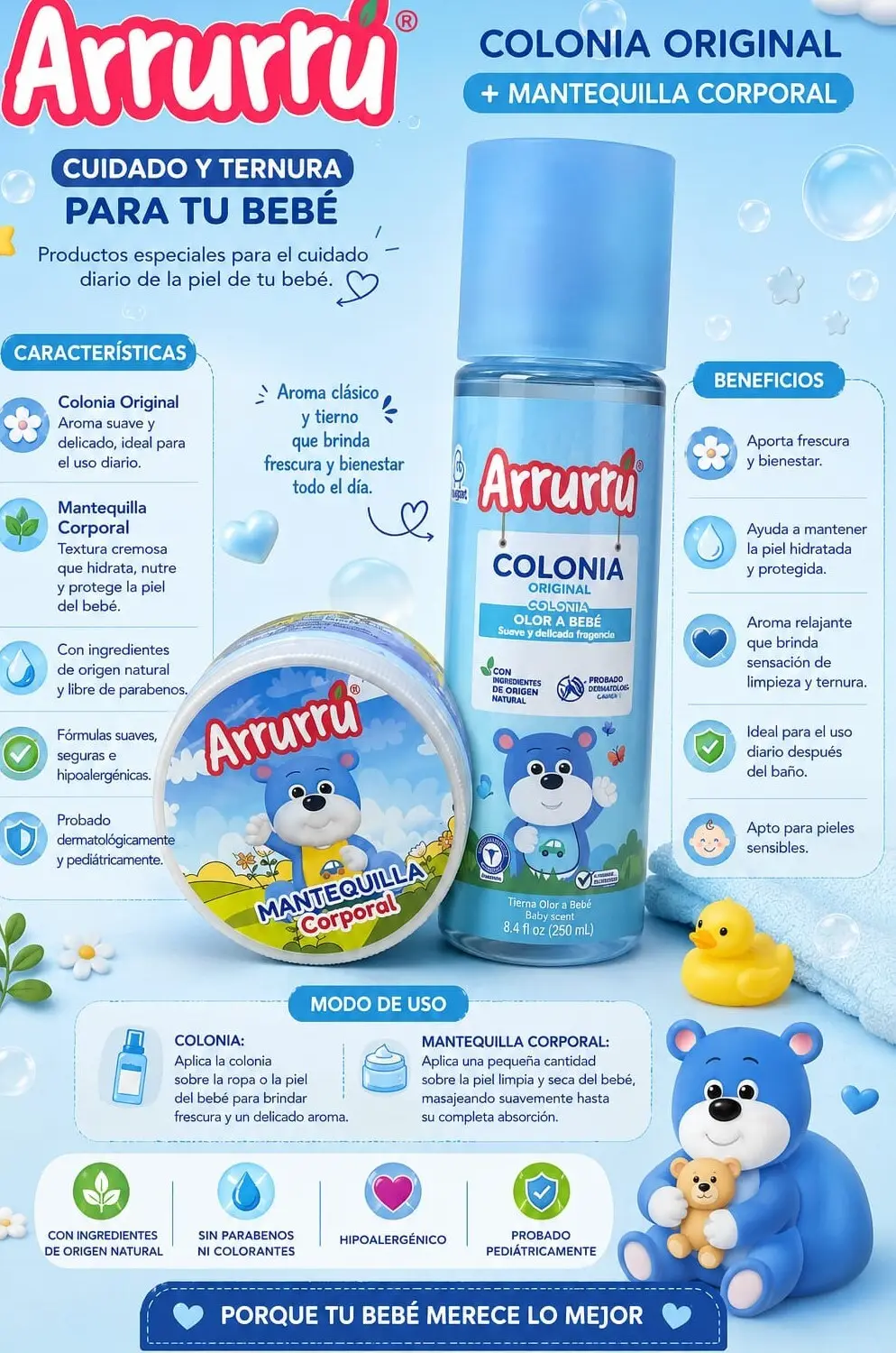 Set Arruurru con colonia en spray azul de 250 ml y crema corporal infantil en tarro redondo con oso, sobre fondo celeste con patito de goma.