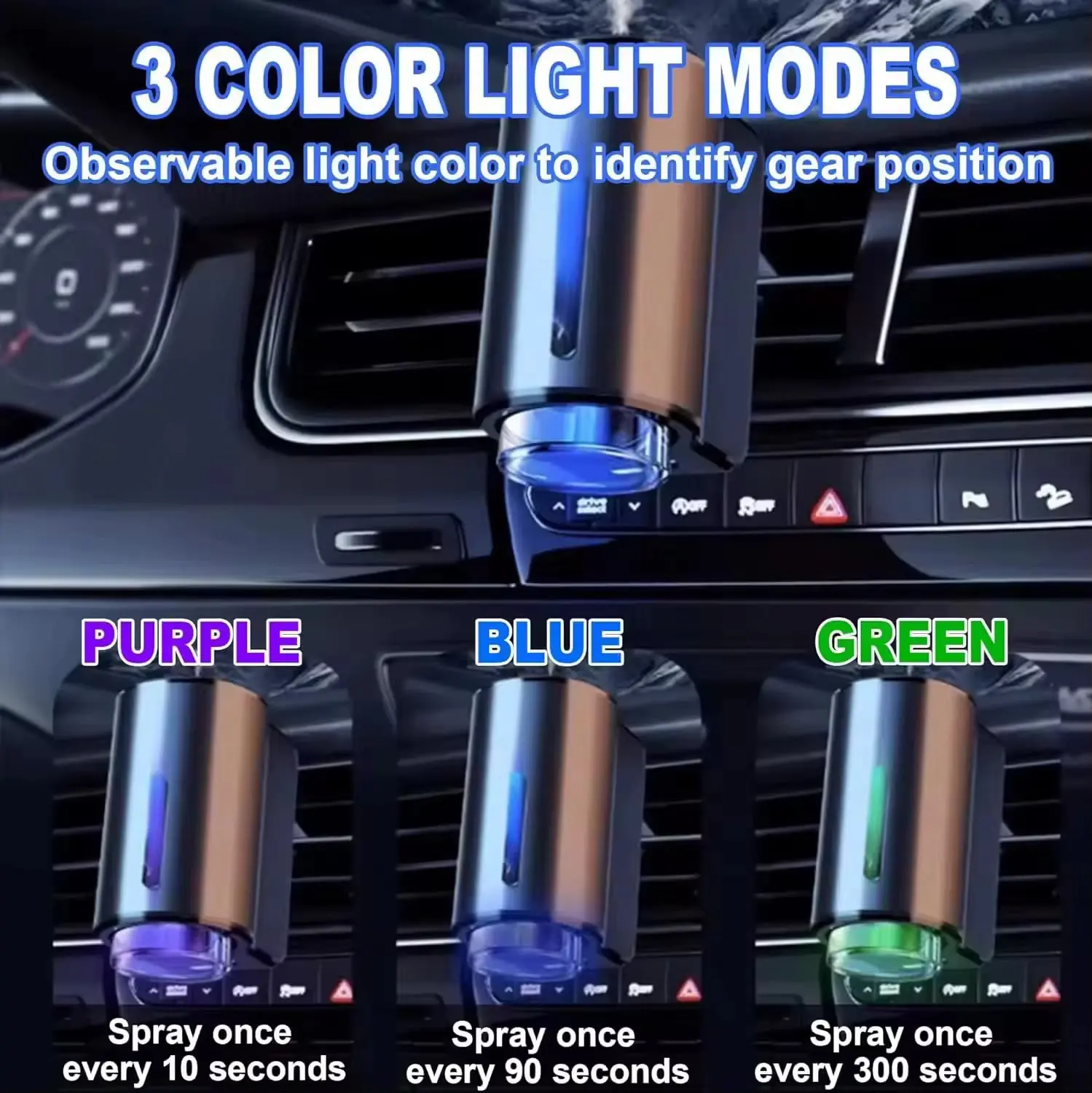 Difusor de aromaterapia para carro con tres modos de luz: morado cada 10 segundos, azul cada 90 y verde cada 300, instalado en la rejilla de ventilación.