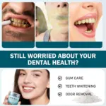Polvo dental blanqueador y fortalecedor en envase turquesa, con beneficios para encías, manchas y mal aliento.