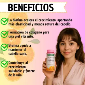 Mujer sonriendo sostiene frasco rosa de gomitas Nature's Bounty Hair Skin Nails junto a naranjas y texto de beneficios.