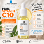Sérum facial con vitamina C pura en frasco de vidrio amarillo sobre piedra, con gotero blanco y texto en etiqueta.