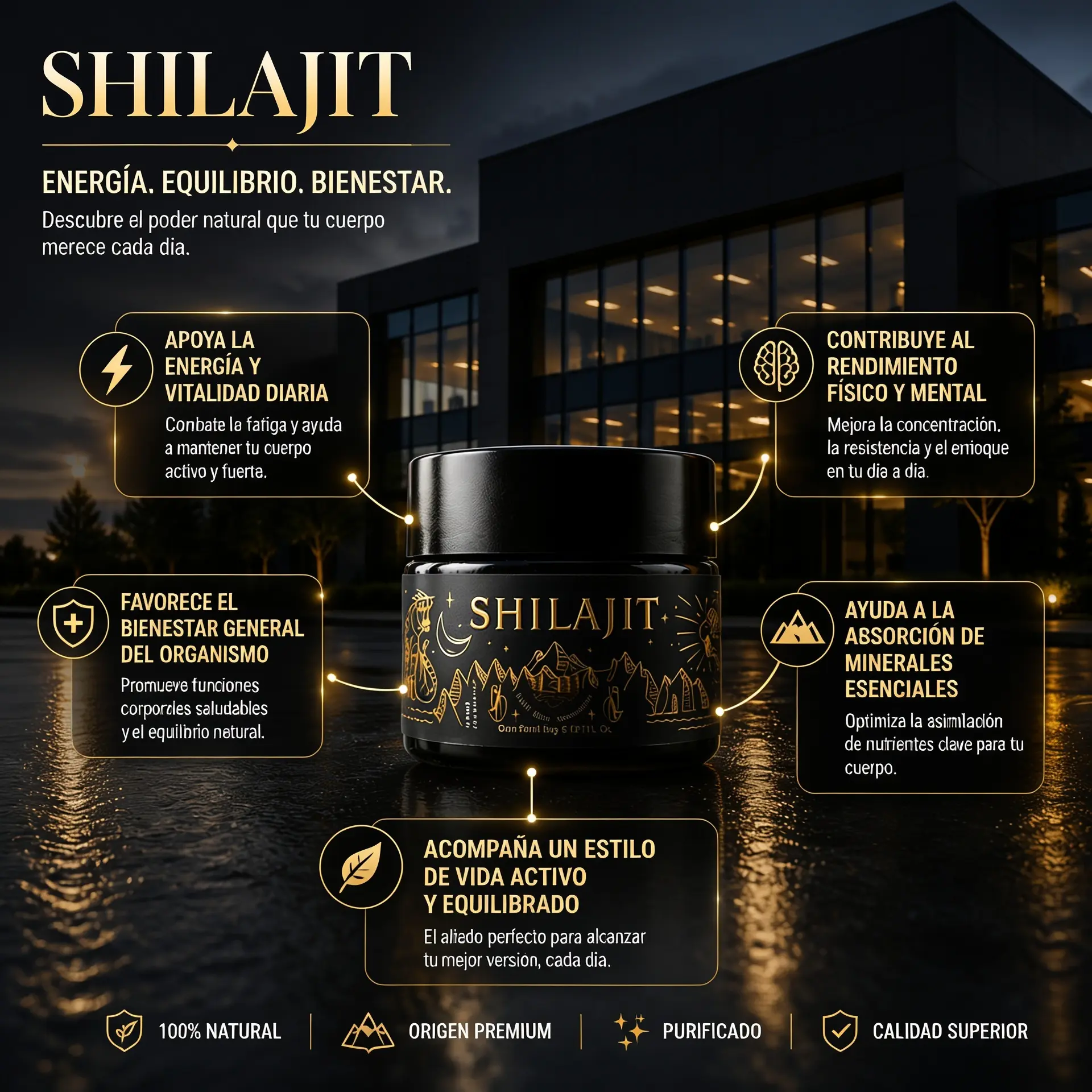 Frasco de vidrio negro de Shilajit en jalea sobre superficie húmeda frente a un edificio moderno, rodeado de viñetas con beneficios energéticos y naturales.