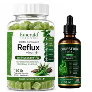 Set x2 Kit de gomas anti reflujo y gotas de digestión natural - Alivia el malestar estomacal y reduce la acidez diaria