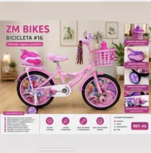 Bicicleta infantil rosada Rin 16 con canasto delantero, baúl trasero, ruedas auxiliares y protector de cadena, ideal para niñas de 4 a 7 años.