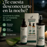 Set de Magnesium Oil con Aloe Vera: loción de 8.4 oz y spray de 15 oz, junto a su caja, sobre una bandeja con una hoja de aloe y piedras de relajación.
