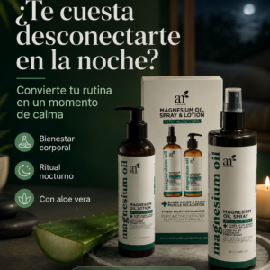 Set de Magnesium Oil con Aloe Vera: loción de 8.4 oz y spray de 15 oz, junto a su caja, sobre una bandeja con una hoja de aloe y piedras de relajación.