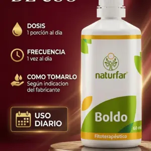 Extracto de Boldo Naturfar de 60 ml en botella blanca sobre pedestal de madera, con instrucciones de dosis y uso diario en fondo granate.