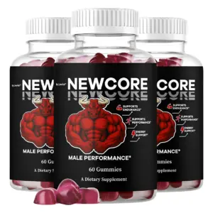 Tres frascos de gomitas Newcore Male Performance de 60 unidades, con etiqueta negra, toro musculoso rojo y algunas gomitas púrpuras al frente.