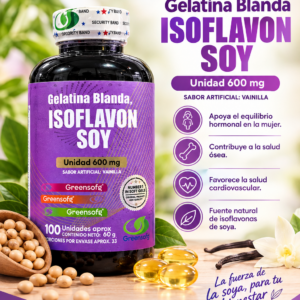 Frasco de cápsulas blandas de Isoflavon Soy Greensofg de 600 mg, junto a granos de soya y vainilla, destacando beneficios para el equilibrio hormonal.