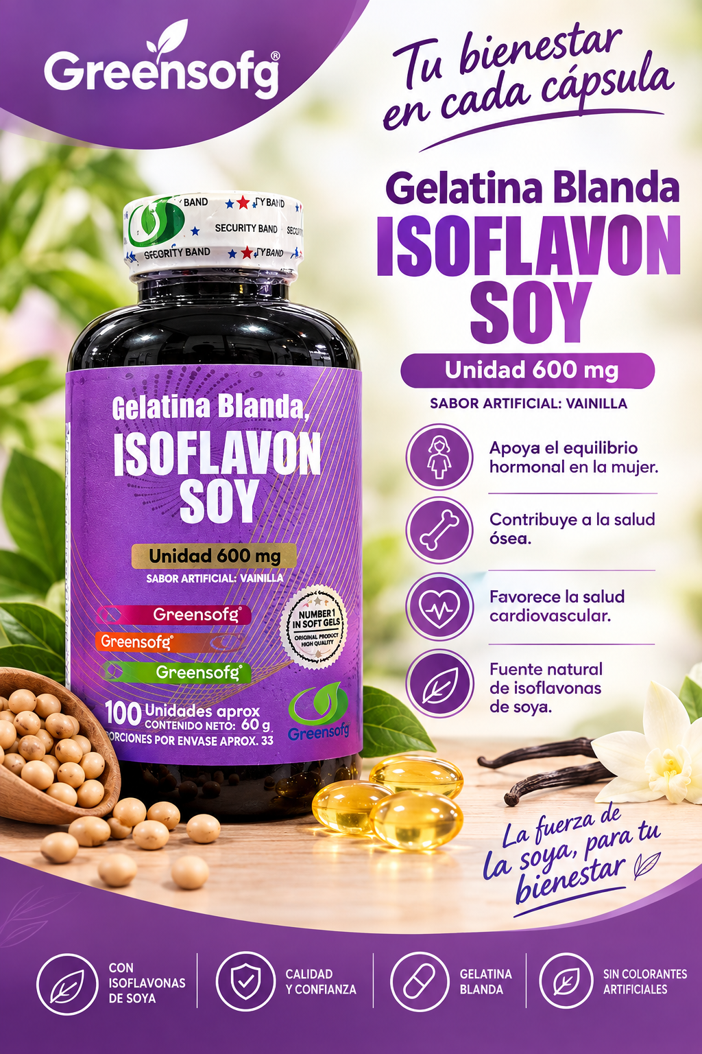 Isoflavonas de Soya Greensofg en cápsulas blandas - Ayudan a equilibrar las hormonas durante la menopausia