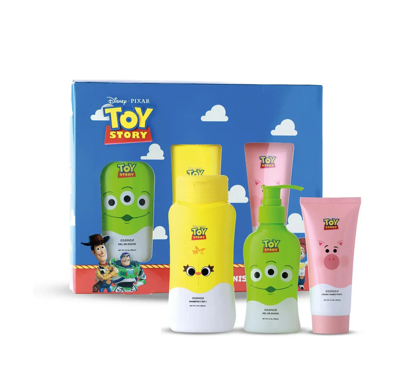 Kit de baño infantil Toy Story con tres productos: botella amarilla de shampoo Ducky, dispensador verde Alien y tubo rosa Lotso frente a su caja temática.