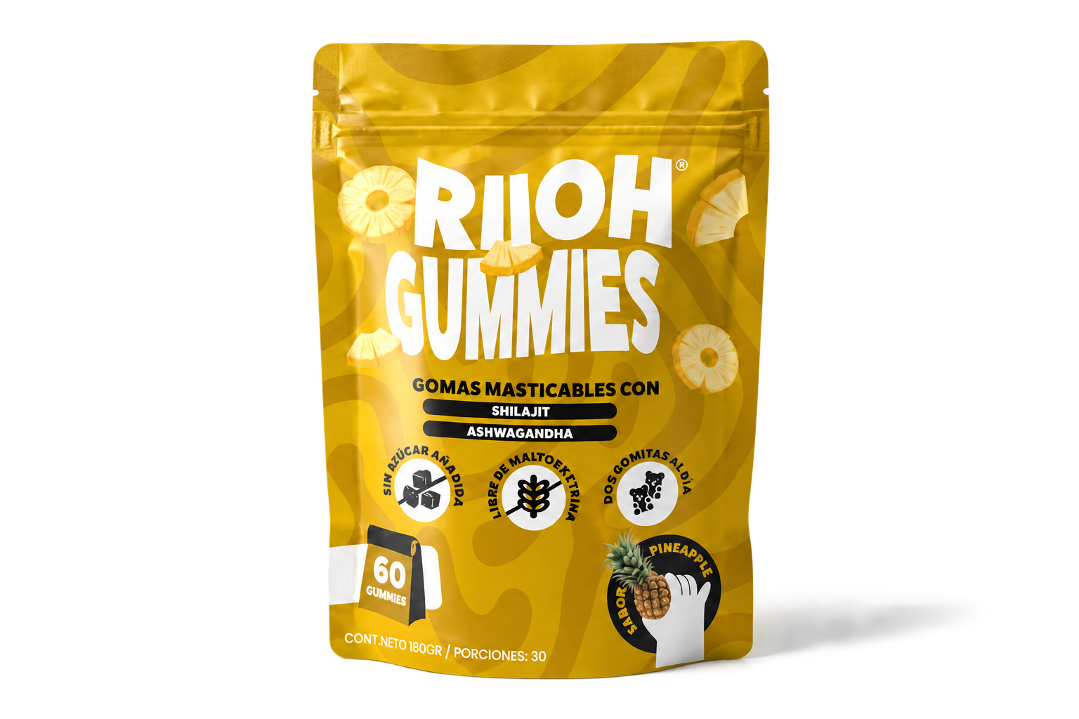 Bolsa doypack amarilla brillante con el logo RIIOH Gummies, textura ondulada, ilustraciones de piña, 60 gomitas masticables, shilajit y ashwagandha.