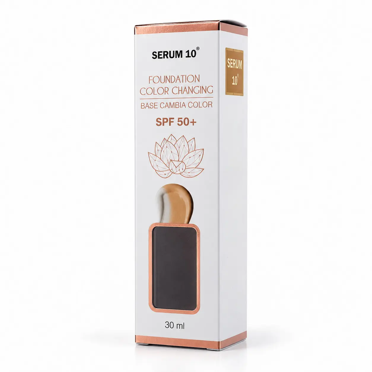 Caja rectangular blanca de Base Mágica Serum 10 con SPF 50+, protector solar, color adaptable, diseño de flor de loto y 30 ml.
