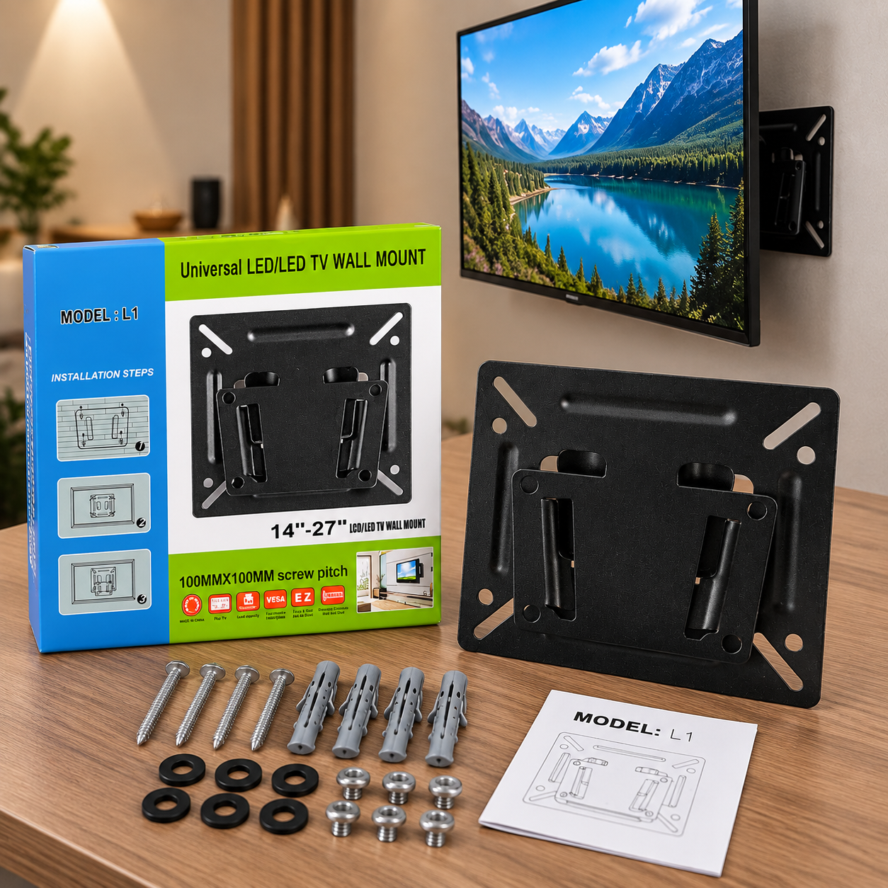 Soporte de pared negro para TV de 14 a 27 pulgadas, con caja azul, tornillos, ramplones, manual y pantalla montada al fondo.