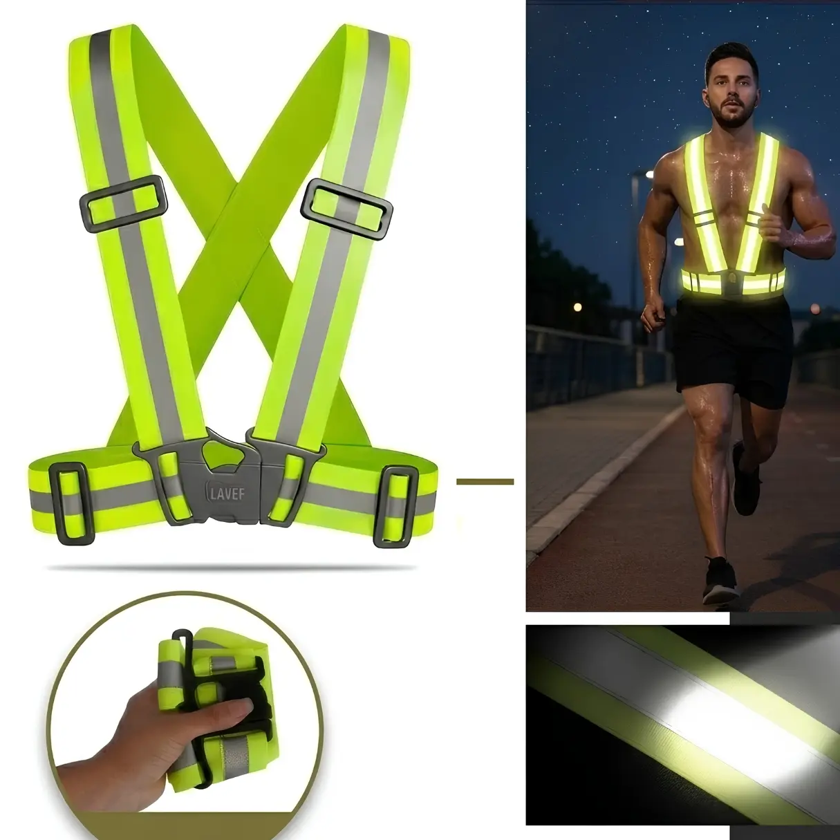 Chaleco reflectivo verde ajustable Lavef con bandas grises para correr o montar en moto de noche.
