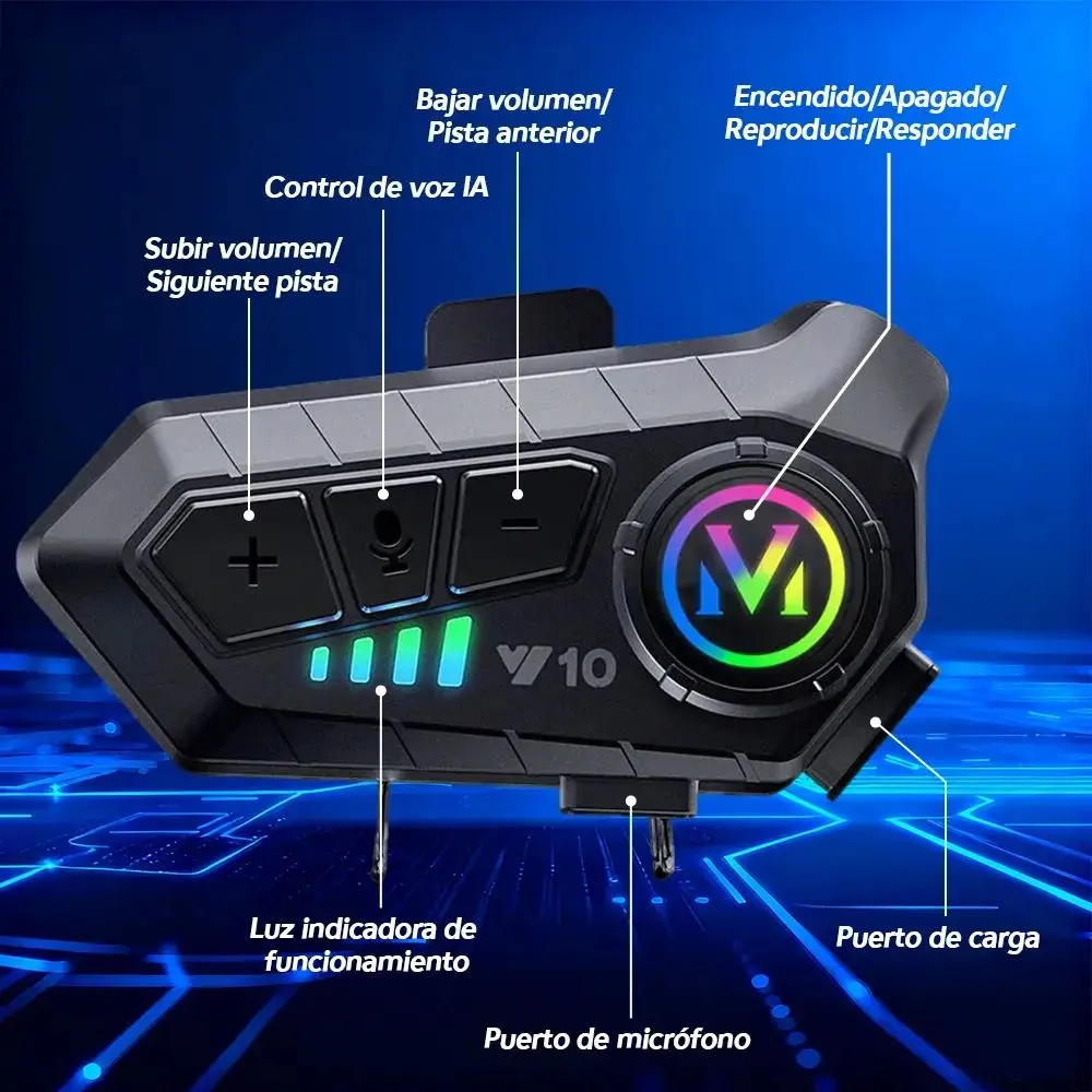 Intercomunicador Bluetooth negro para casco con botones de control, luz LED circular, indicador de batería y puertos visibles.