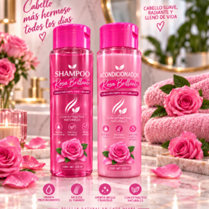 Set de shampoo y acondicionador Rosa Brillante de 250 ml en envases rosados, sobre mesa de mármol con rosas frescas, velas y toallas, ideal para hidratar.
