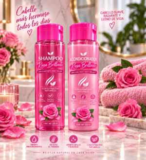 Shampoo y Acondicionador Rosa Brillante con extractos naturales - Hidrata y aporta brillo intenso a tu cabello