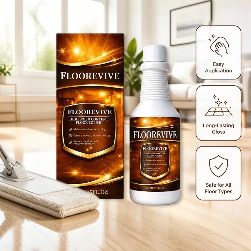 Botella y caja de Floorrevive, abrillantador para pisos, junto a una mopa sobre suelo de madera claro en una sala luminosa.