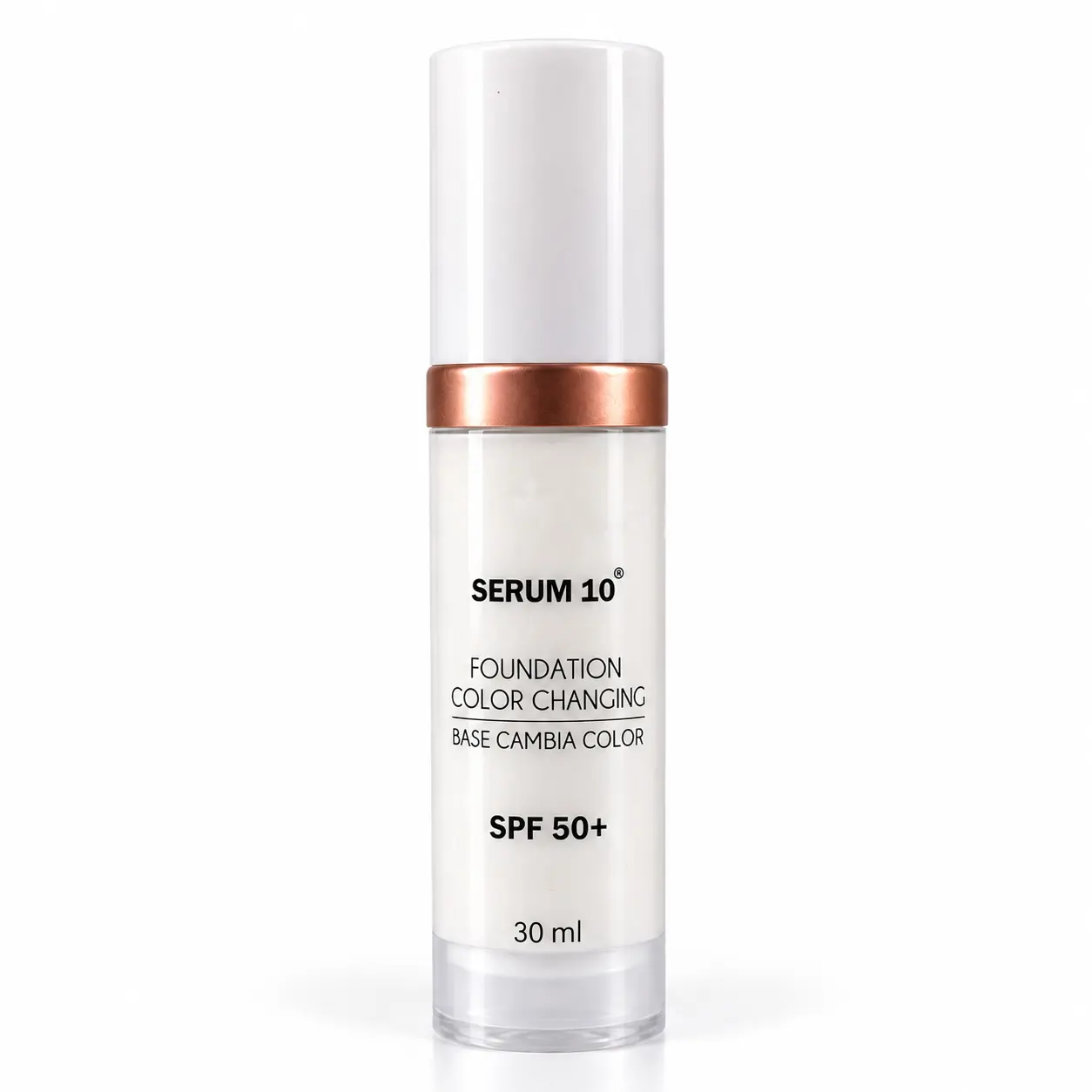 Frasco dosificador blanco de 30 ml de base de maquillaje color changing con SPF 50 y anillo metálico cobrizo.