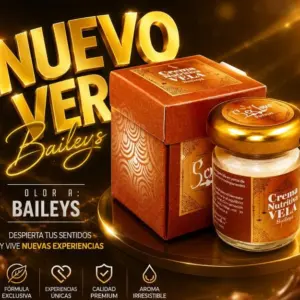 Vela hidratante para masaje con aroma a Baileys, en frasco con tapa dorada y caja naranja decorativa sobre un pedestal brillante y elegante.