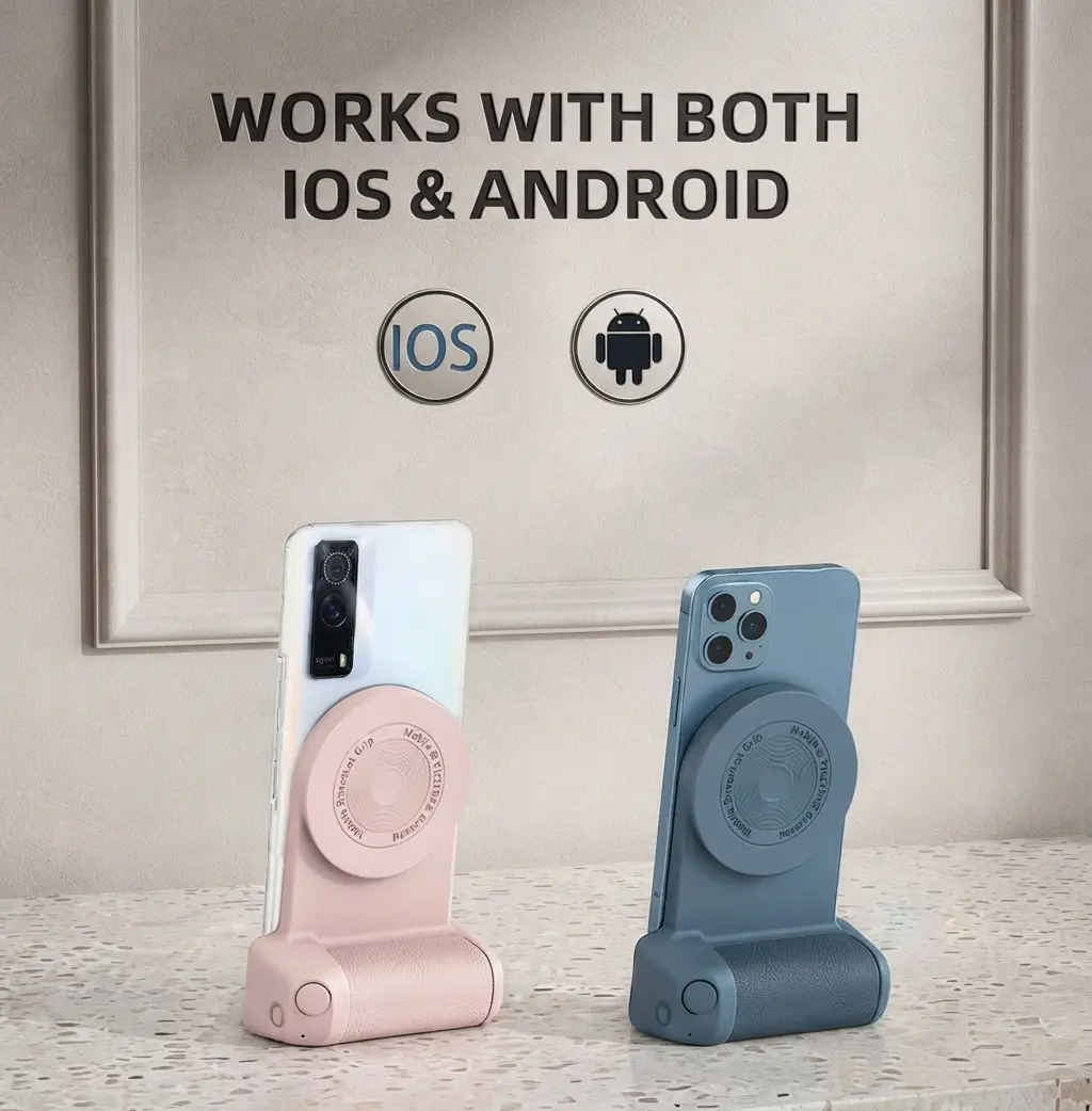 Set de dos empuñaduras fotográficas magnéticas para celular en colores rosa y azul, con obturador Bluetooth para estabilidad y video profesional.