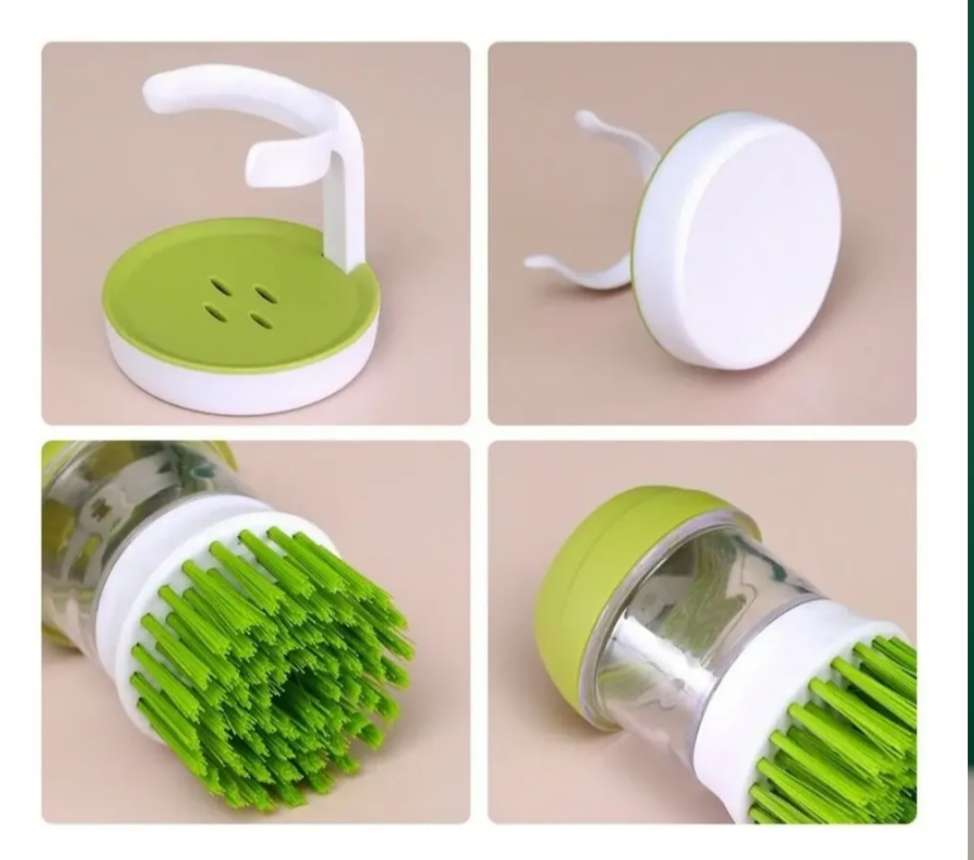 Cepillo fregador verde y blanco de cocina con dispensador de jabón, cerdas verdes resistentes y base de soporte organizadora.
