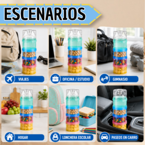 Dosificador de Snacks de 4 Compartimentos Apilable y Hermético - Organiza y transporta tus alimentos sin mezclas