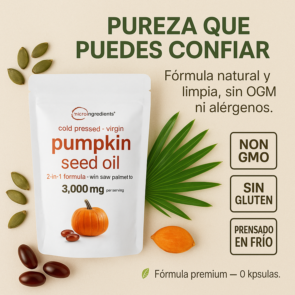 Empaque de aceite de semilla de calabaza con saw palmetto, 3000 mg, junto a semillas, una hoja de palma y cápsulas, destacando fórmula natural y pura.