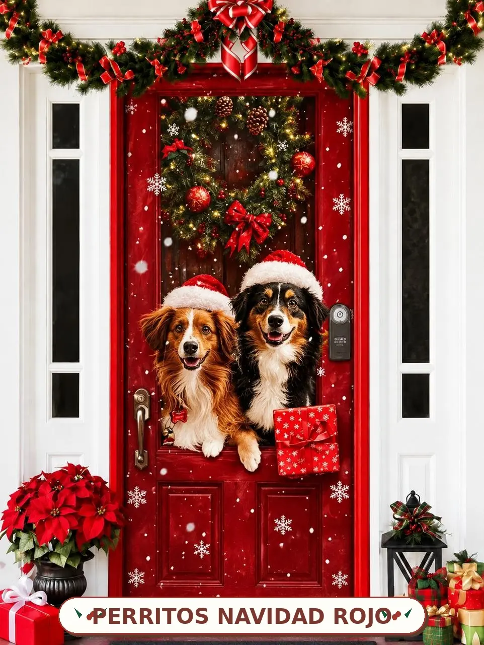 Forro elástico navideño para puerta color rojo con diseño de dos perros con gorros de Santa, corona decorativa, copos de nieve y regalos integrados.