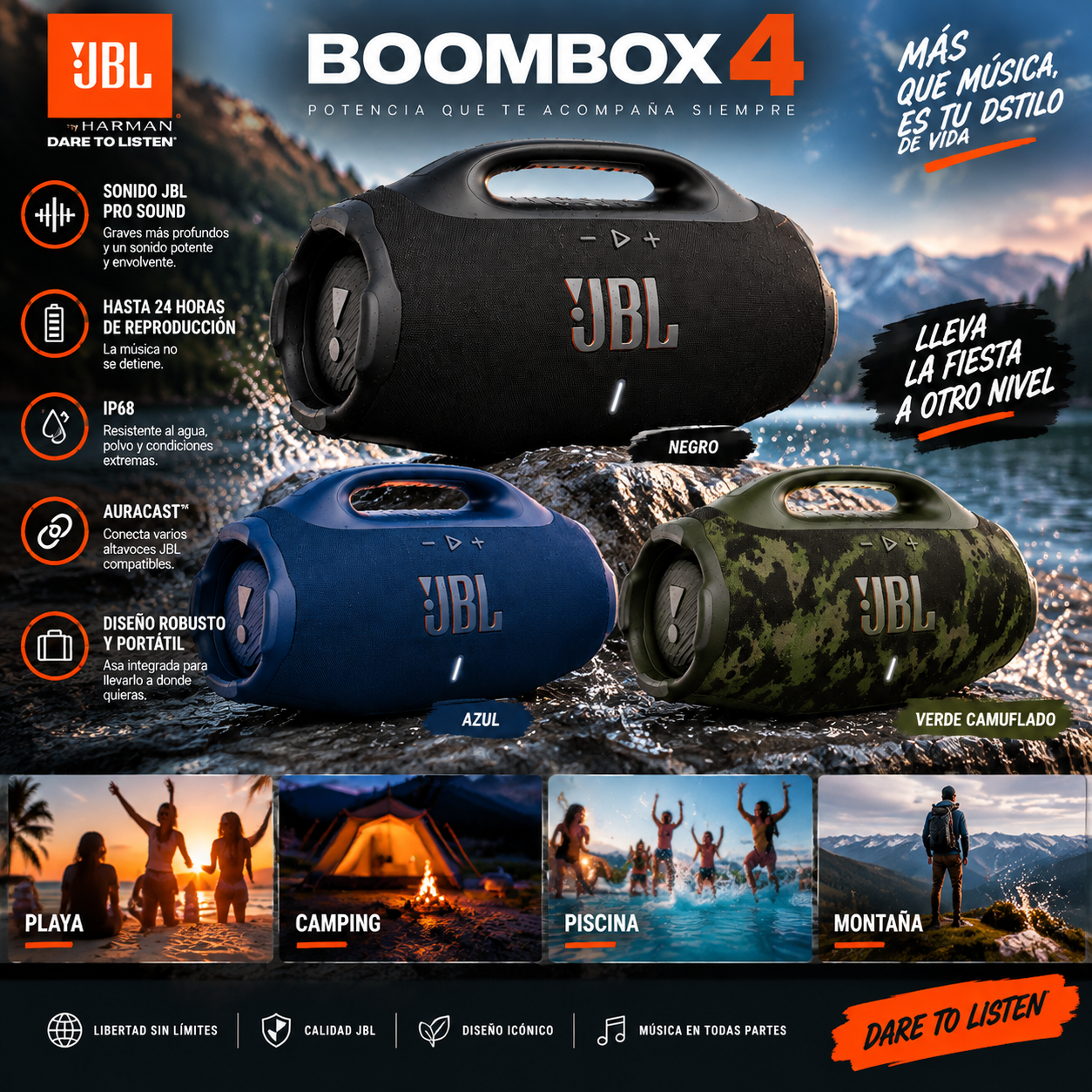 Parlante inalámbrico JBL Boombox 4 en colores negro, azul y camuflado sobre rocas junto a un lago, ideal para exteriores con alta potencia.